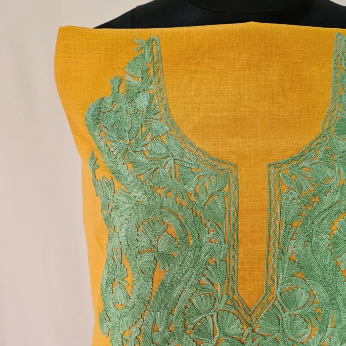 Kashmiri Mustard Cotton Suit Fabric 2PC With Aari Embroidered Neck - Zohra - Image 3