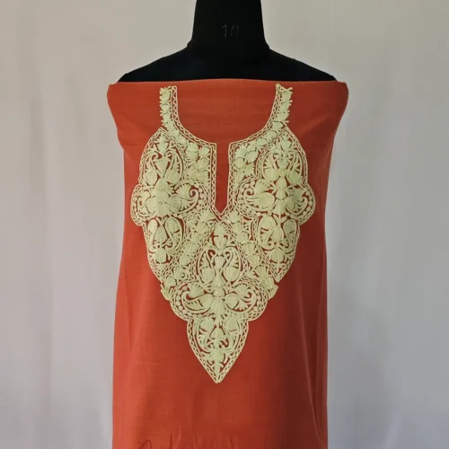 Kashmiri Rust Cotton Suit Fabric 2PC With Aari Embroidered Neck - Zohra