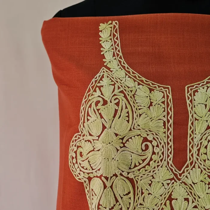 Kashmiri Rust Cotton Suit Fabric 2PC With Aari Embroidered Neck - Zohra - Image 3
