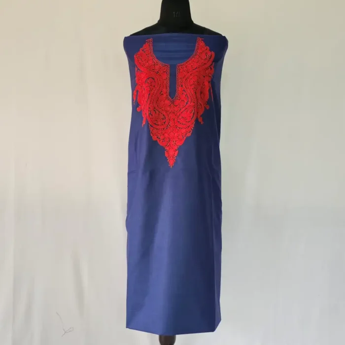 Kashmiri Cotton Suit Fabric 2PC in Dark Blue With Aari Embroidered Neck - Zohra - Image 2