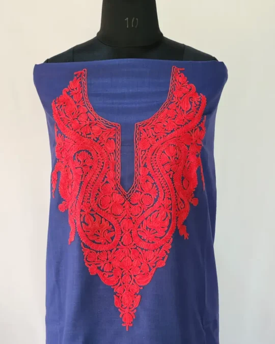 Kashmiri Cotton Suit Fabric 2PC in Dark Blue With Aari Embroidered Neck - Zohra