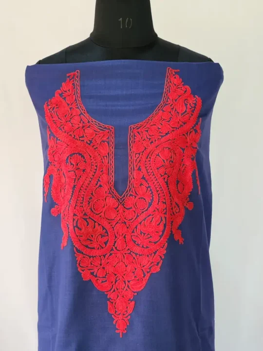 Kashmiri Cotton Suit Fabric 2PC in Dark Blue With Aari Embroidered Neck - Zohra