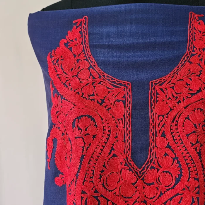 Kashmiri Cotton Suit Fabric 2PC in Dark Blue With Aari Embroidered Neck - Zohra - Image 3