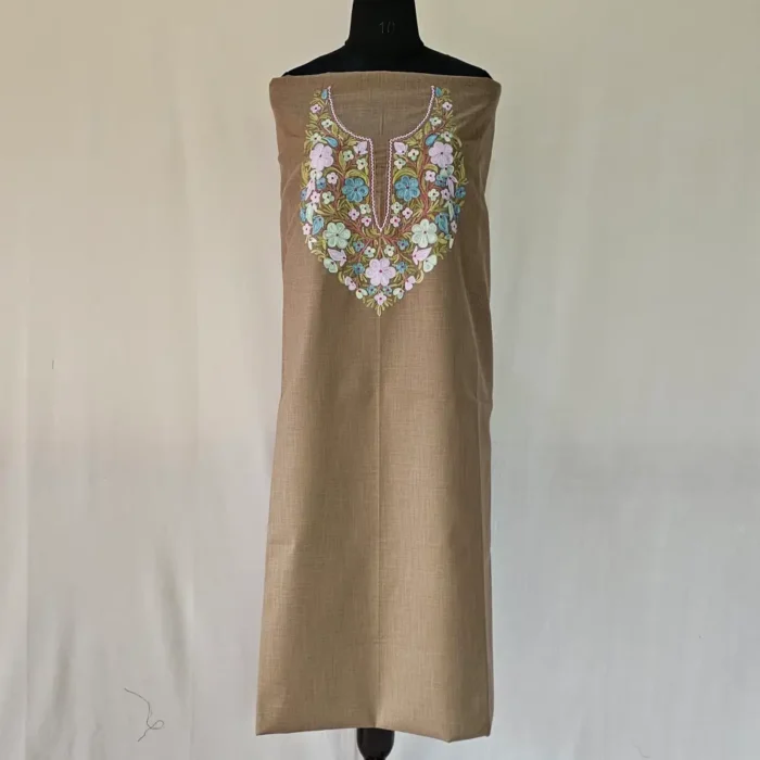 Kashmiri Cotton Suit Fabric 2PC in Beige Color With Aari Embroidered Neck - Zohra - Image 2