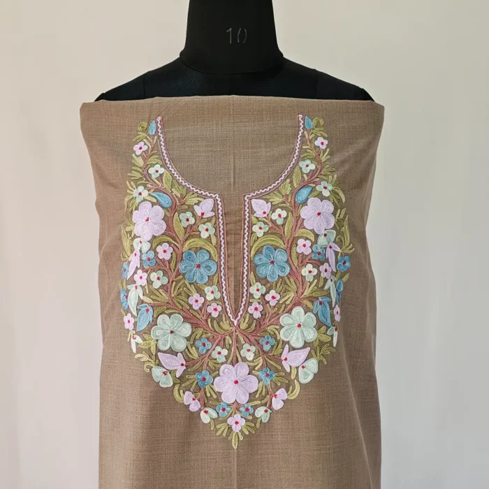 Kashmiri Cotton Suit Fabric 2PC in Beige Color With Aari Embroidered Neck - Zohra
