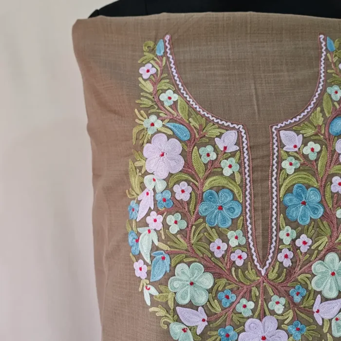Kashmiri Cotton Suit Fabric 2PC in Beige Color With Aari Embroidered Neck - Zohra - Image 3