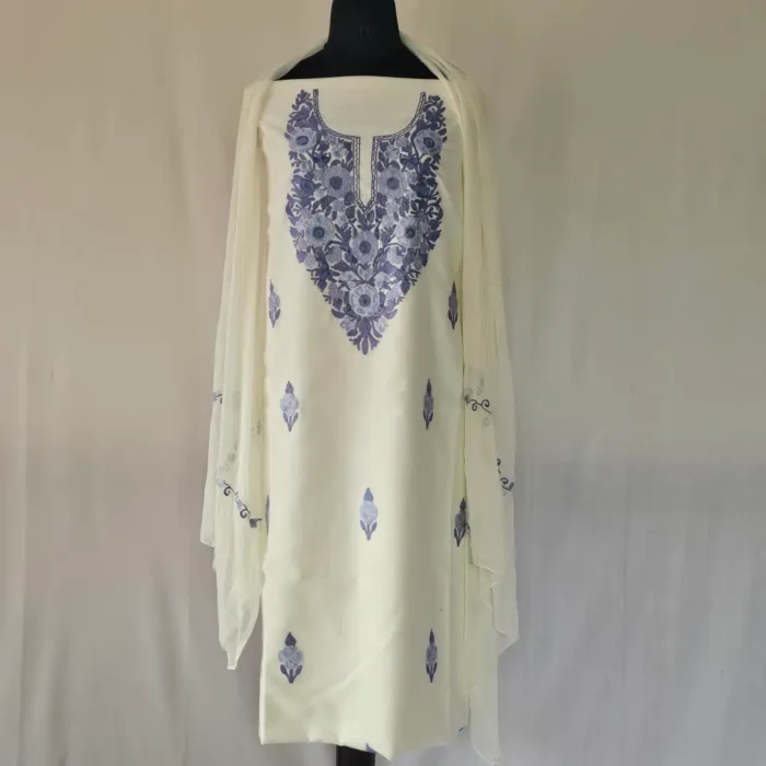 White 3PC Kashmiri Suit Fabric in Ruby Cotton With Ariwork Boothis - Khayam