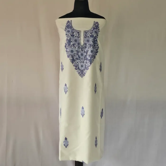 White 3PC Kashmiri Suit Fabric in Ruby Cotton With Ariwork Boothis - Khayam - Image 2