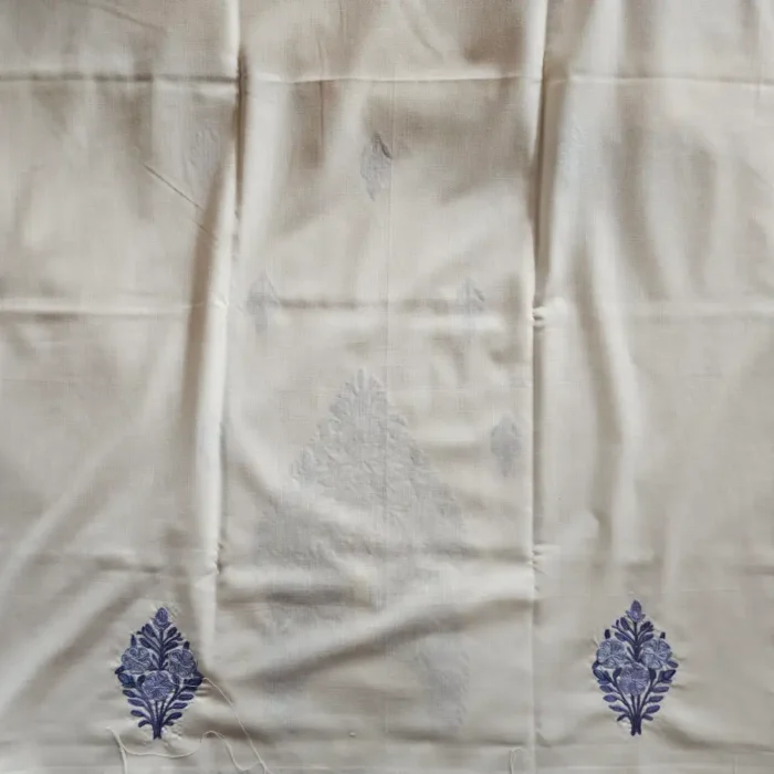 White 3PC Kashmiri Suit Fabric in Ruby Cotton With Ariwork Boothis - Khayam - Image 5