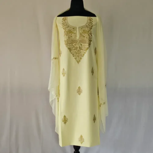 Yellow 3PC Kashmiri Suit Fabric in Ruby Cotton With Ariwork Boothis - Khayam