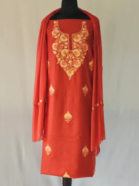 Rust 3PC Kashmiri Suit Fabric in Ruby Cotton With Ariwork Boothis - Khayam