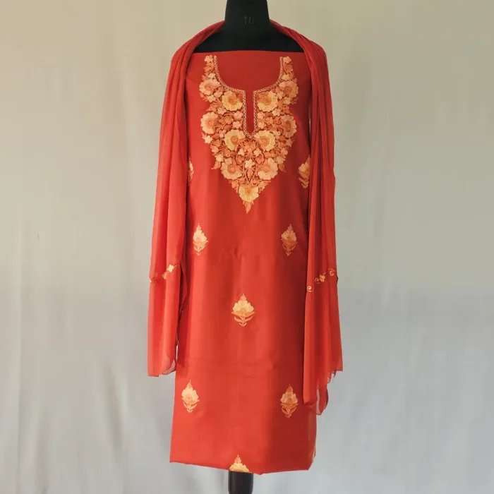 Dark Red 3PC Kashmiri Suit Fabric in Ruby Cotton With Ariwork Boothis - Khayam