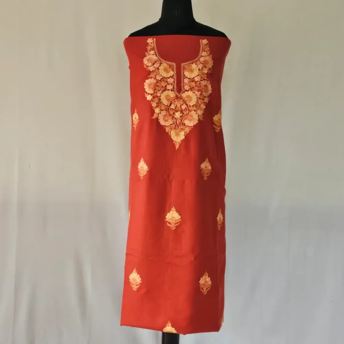 Dark Red 3PC Kashmiri Suit Fabric in Ruby Cotton With Ariwork Boothis - Khayam - Image 2