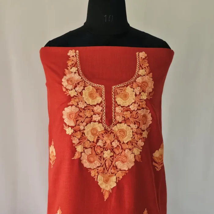 Dark Red 3PC Kashmiri Suit Fabric in Ruby Cotton With Ariwork Boothis - Khayam - Image 3