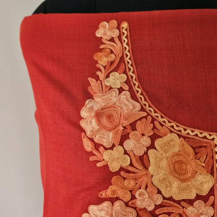 Dark Red 3PC Kashmiri Suit Fabric in Ruby Cotton With Ariwork Boothis - Khayam - Image 4