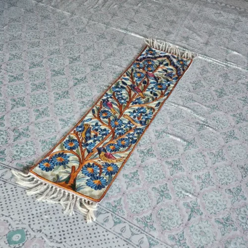 Traditional Kashmiri Bedside Runner in Dusooty Cotton with Chain Stitch Embroidery (4×1 ft)
