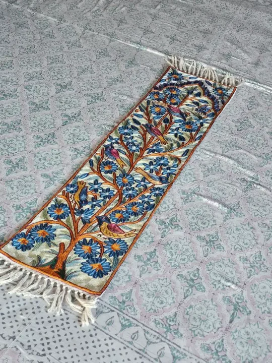 Traditional Kashmiri Bedside Runner in Dusooty Cotton with Chain Stitch Embroidery (4×1 ft)