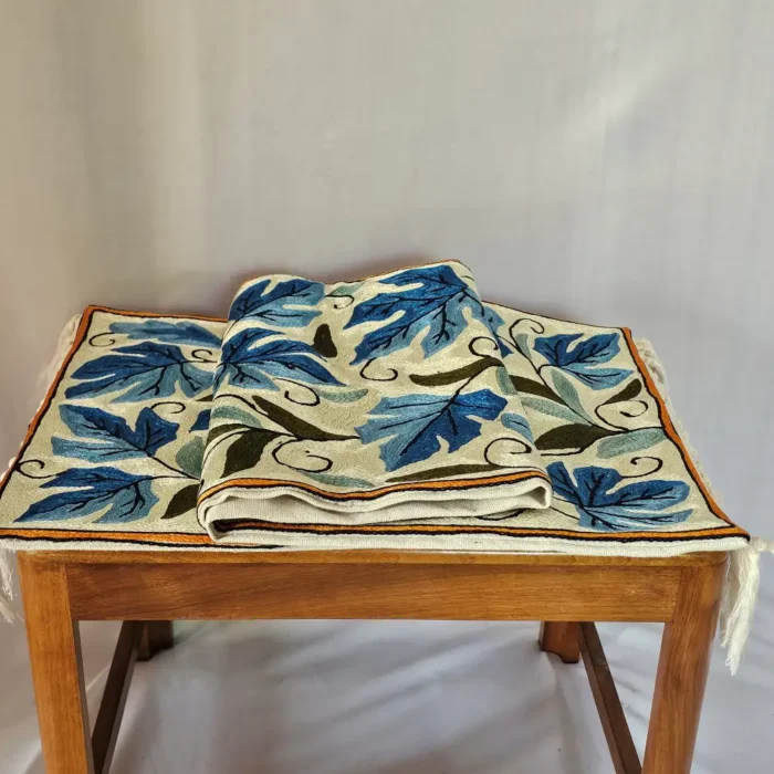 Artisan-Made Kashmiri Table Runner with Silk Chain Stitch on Dusooty Cotton - Image 2