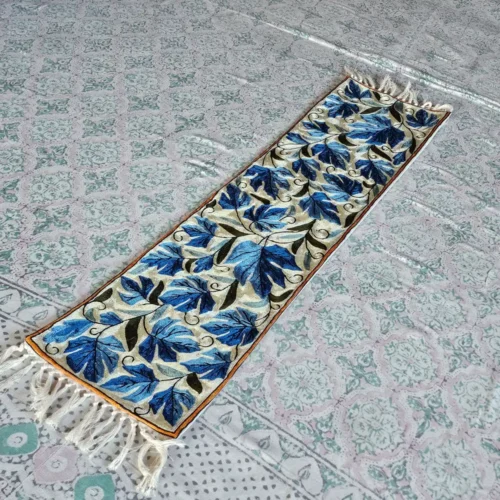 Artisan-Made Kashmiri Table Runner with Silk Chain Stitch on Dusooty Cotton (4×1 ft)