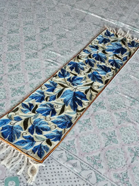 Artisan-Made Kashmiri Table Runner with Silk Chain Stitch on Dusooty Cotton (4×1 ft)
