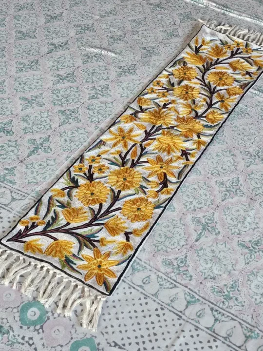 Kashmiri Dusooty Cotton Runner with Silk Thread Chain Stitch Embroidery (4×1 ft)