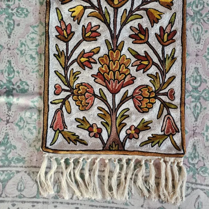 Elegant Chain Stitch Embroidered Runner on Dusooty Cotton – Kashmiri Hand Craft (4×1 ft) - Image 4