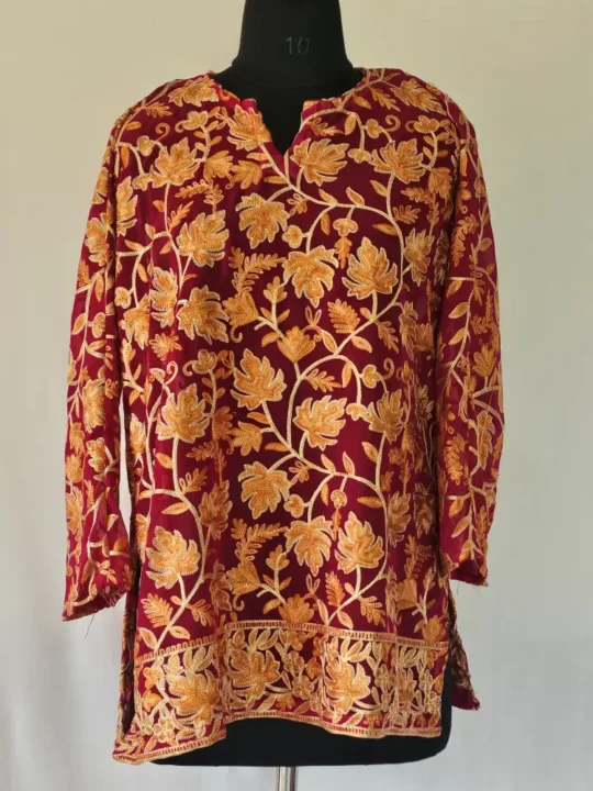 Short Georgette Red Kurti with Kashmiri Aari Embroidery – Lal Bazaar Collection