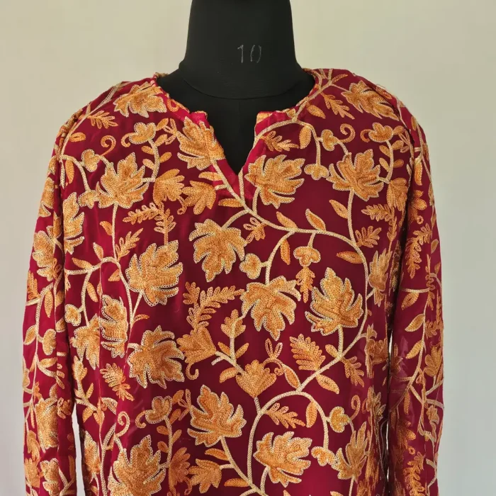Short Georgette Red Kurti with Kashmiri Aari Embroidery – Lal Bazaar Collection - Image 2