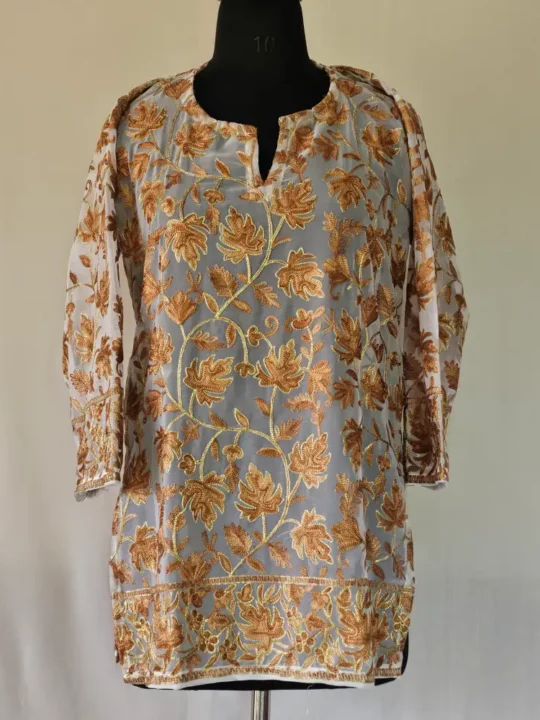 Kashmiri Short White Kurti in Georgette with Aari Embroidery – Lal Bazaar Collection