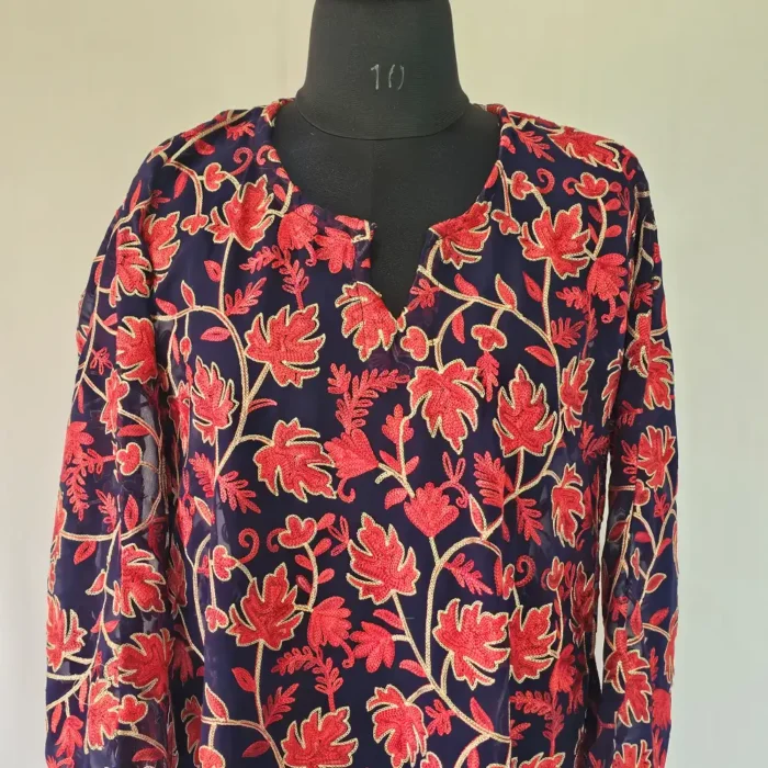 Blue Aari Embroidered Short Georgette Kurti from Kashmir – Lal Bazaar Collection - Image 2