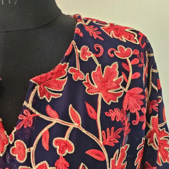 Blue Aari Embroidered Short Georgette Kurti from Kashmir – Lal Bazaar Collection - Image 3