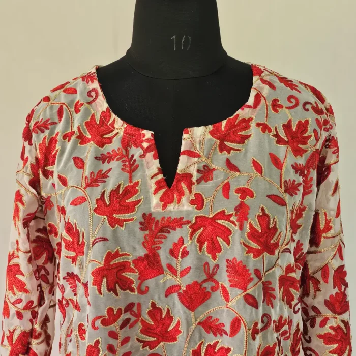 Short White Georgette Kurti with Aari Embroidery from Srinagar – Lal Bazaar Collection - Image 2