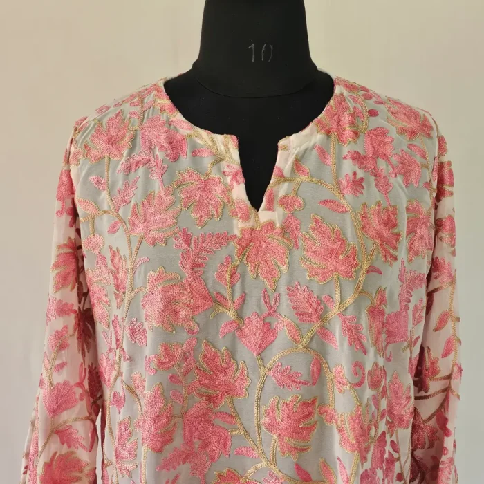 Kashmiri Aari Embroidered Short Kurti in Georgette – Lal Bazaar Collection - Image 2