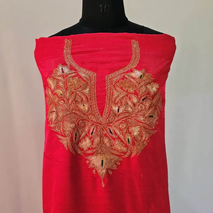 3PC Kashmiri Red Silk Suit with Tilla Embroidery - Dal Jheel - Image 3