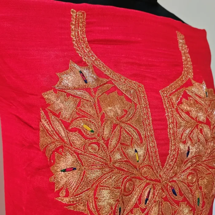 3PC Kashmiri Red Silk Suit with Tilla Embroidery - Dal Jheel - Image 4
