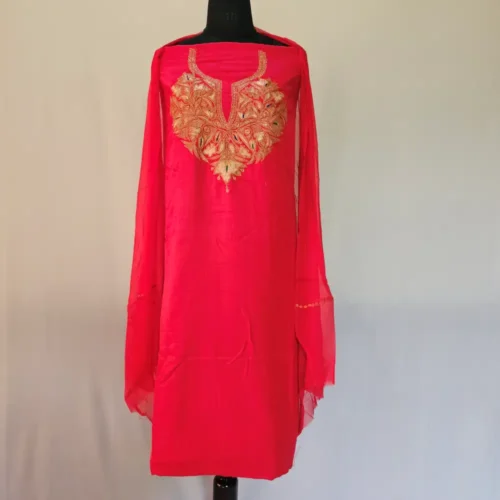 3PC Kashmiri Red Silk Suit with Tilla Embroidery - Dal Jheel