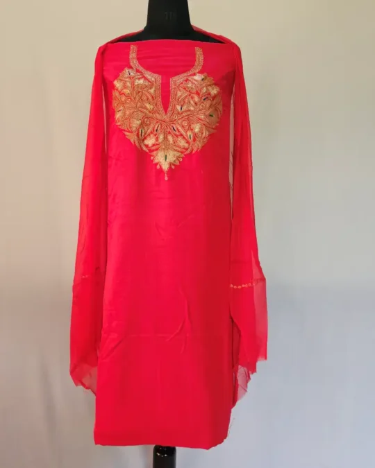 3PC Kashmiri Red Silk Suit with Tilla Embroidery - Dal Jheel