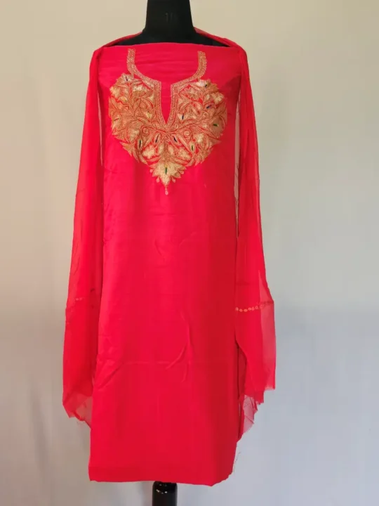3PC Kashmiri Red Silk Suit with Tilla Embroidery - Dal Jheel