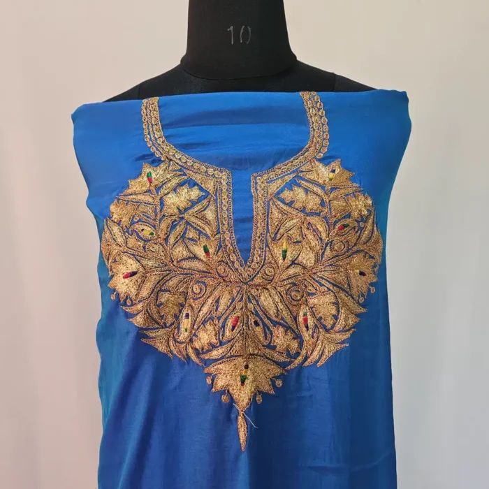 3PC Blue Kashmiri Silk Suit with Tilla Embroidery - Dal Jheel - Image 3