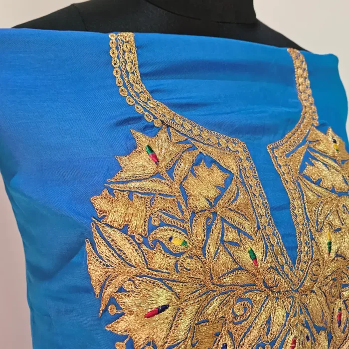 3PC Blue Kashmiri Silk Suit with Tilla Embroidery - Dal Jheel - Image 4