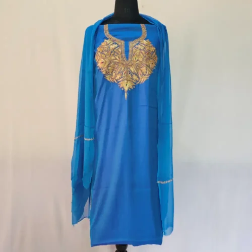 3PC Blue Kashmiri Silk Suit with Tilla Embroidery - Dal Jheel
