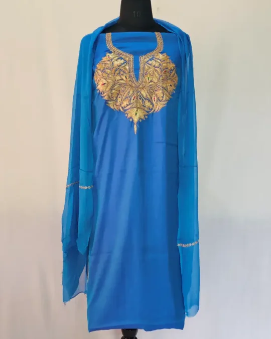 3PC Blue Kashmiri Silk Suit with Tilla Embroidery - Dal Jheel