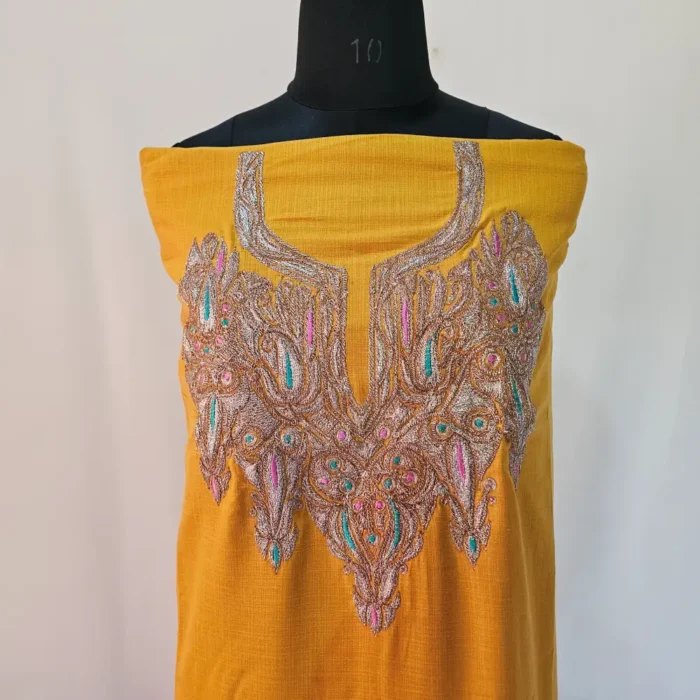 Mustard 3PC Tilla Embroidered Cotton Kashmiri Suit - Dal Jheel - Image 3