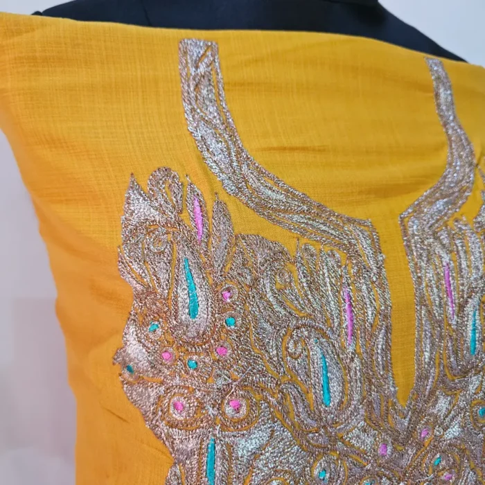 Mustard 3PC Tilla Embroidered Cotton Kashmiri Suit - Dal Jheel - Image 4