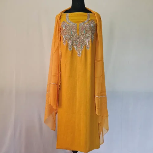 Mustard 3PC Tilla Embroidered Cotton Kashmiri Suit - Dal Jheel