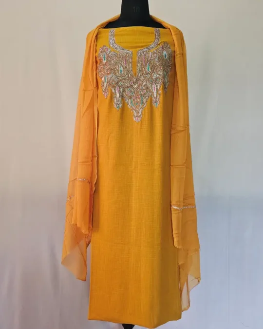 Mustard 3PC Tilla Embroidered Cotton Kashmiri Suit - Dal Jheel