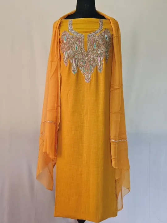 Mustard 3PC Tilla Embroidered Cotton Kashmiri Suit - Dal Jheel