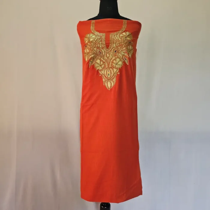 Rustic Red 3PC Tilla Embroidered Cotton Kashmiri Suit - Dal Jheel - Image 2