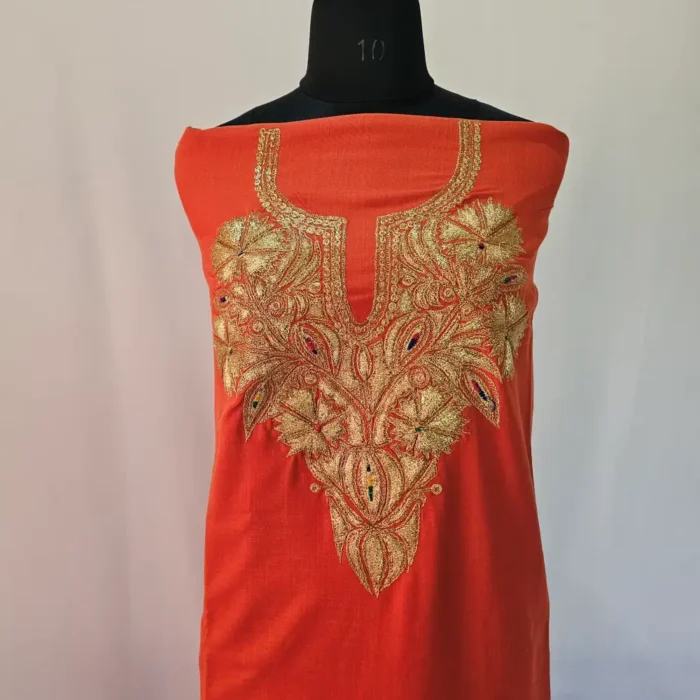 Rustic Red 3PC Tilla Embroidered Cotton Kashmiri Suit - Dal Jheel - Image 3