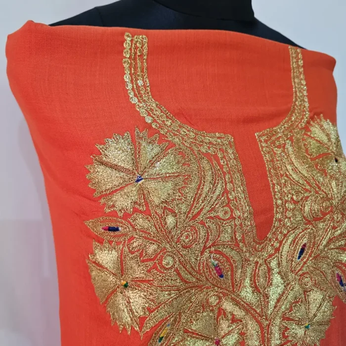Rustic Red 3PC Tilla Embroidered Cotton Kashmiri Suit - Dal Jheel - Image 4